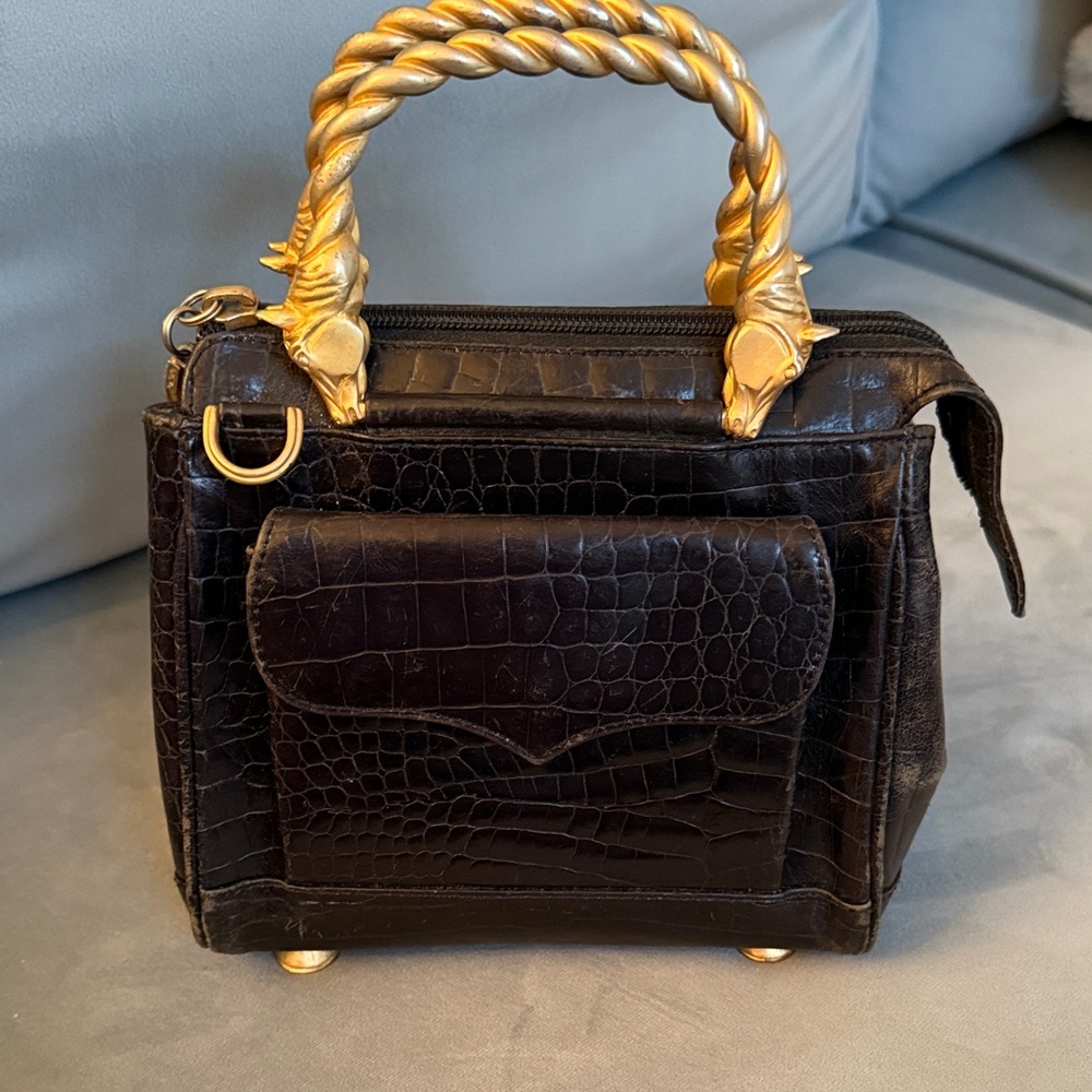 Elegant Black Croc-Embossed Handbag with Gold Accents